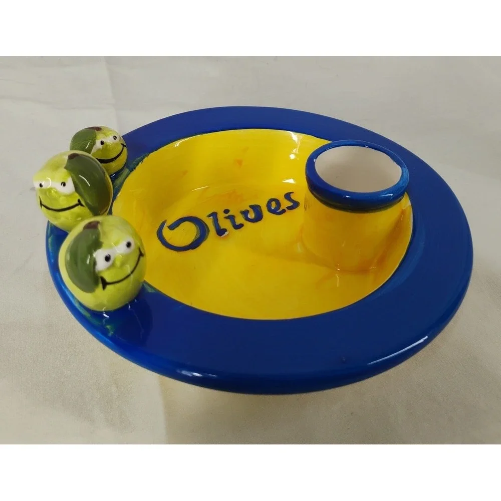 Olive Serving Bowl Toothpick Holder Marin Spain 3 Olives w/Faces Small Flaw